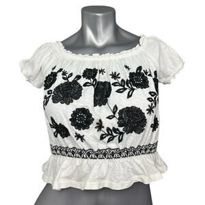 American Eagle Top Women's Black White XS Short Sleeve Crop Embroidered Y2K